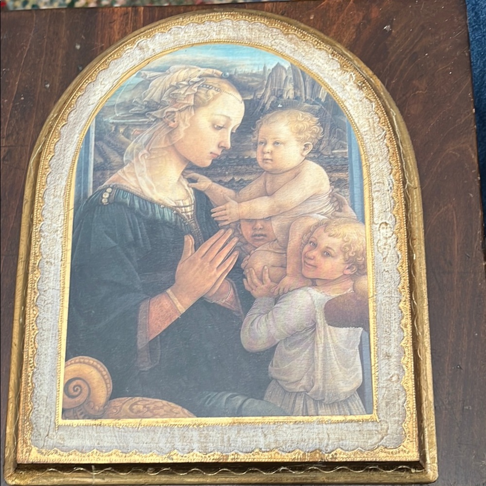 Vtg wood plaque made in Italy Madonna and baby Jesus